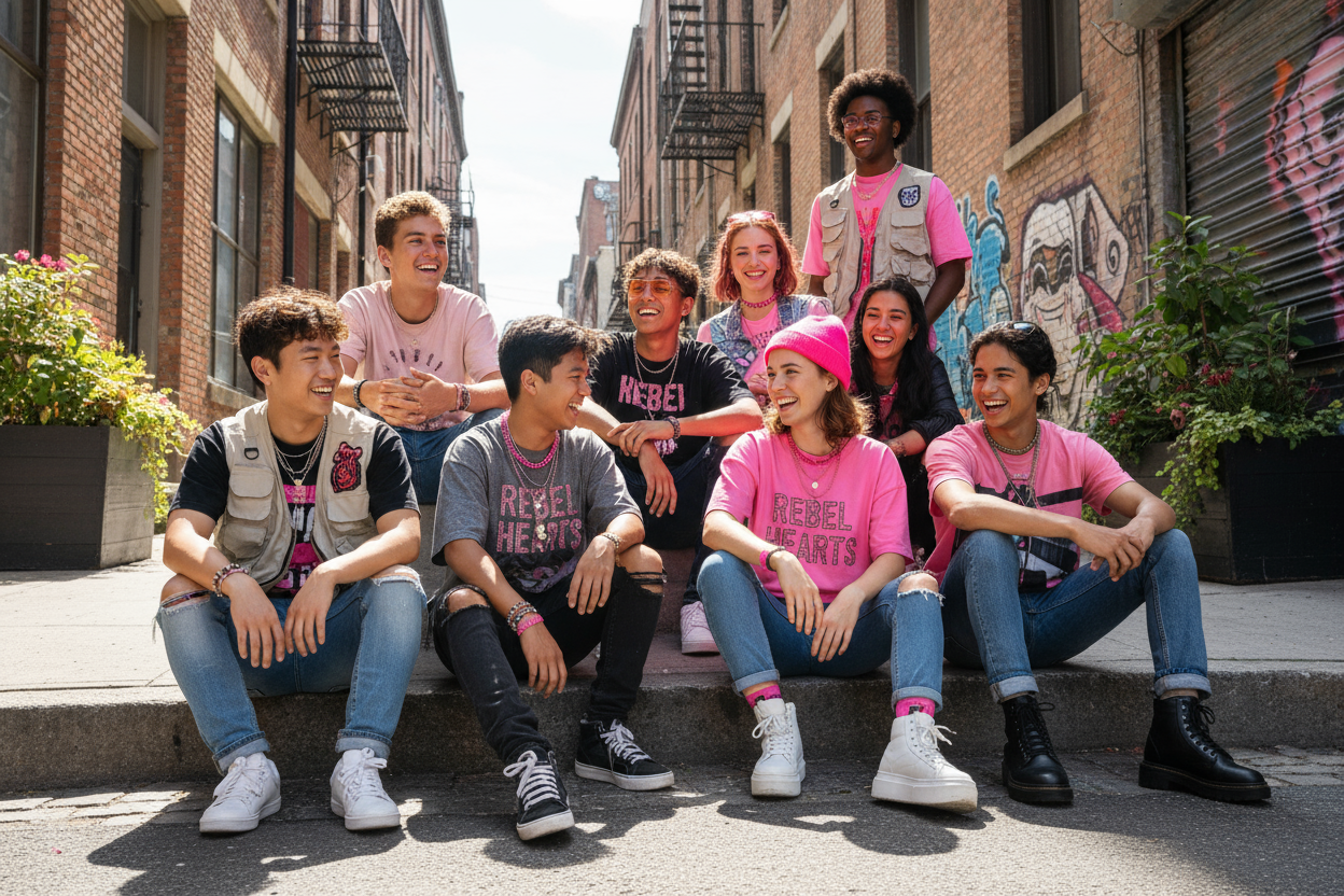 make a pic of rebel teens chilling on the street with friends rebel barbie vibes all races having fun